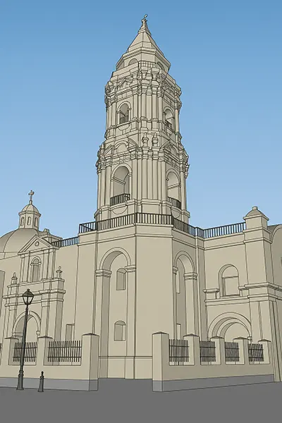 Modelado arquitectónico 3D en SketchUp de la Iglesia Santo Domingo, Lima – Resultado profesional para urbanistas peruanos.