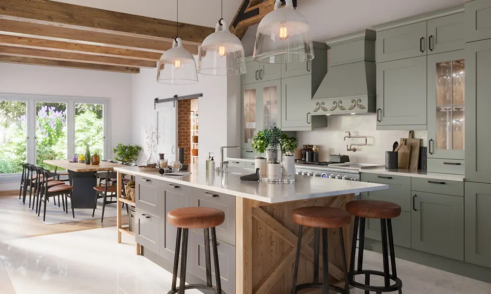 Render de una cocina con luz natural y artificial en SketchUp Studio